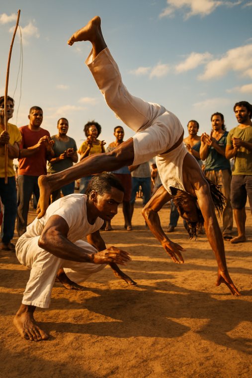 Jugadores de capoeira al atardecer