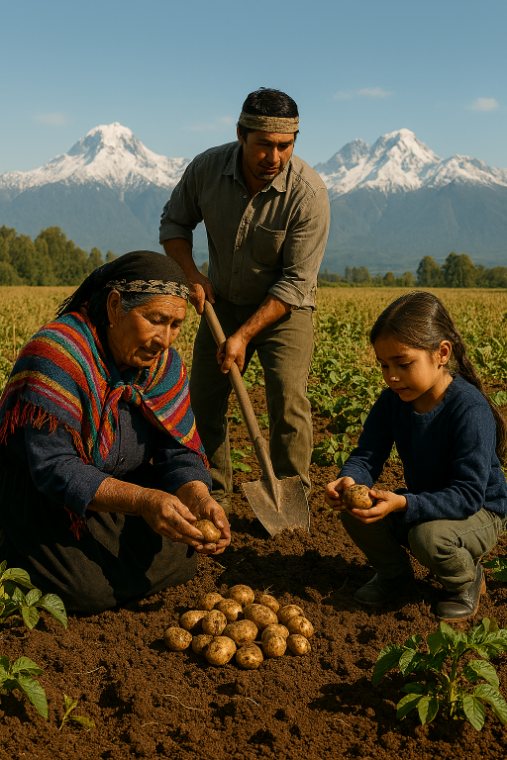 Familia cosechando papas en los Andes