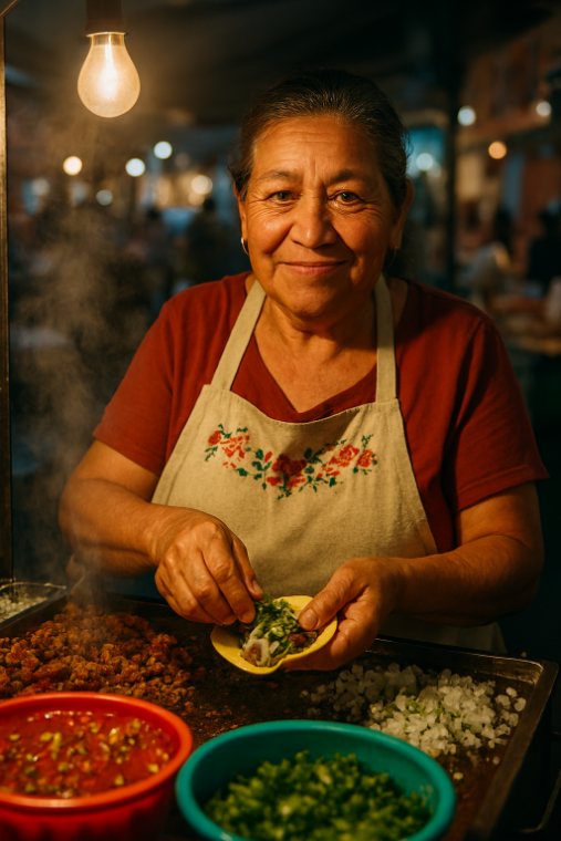 Vendedora de comida preparando tacos